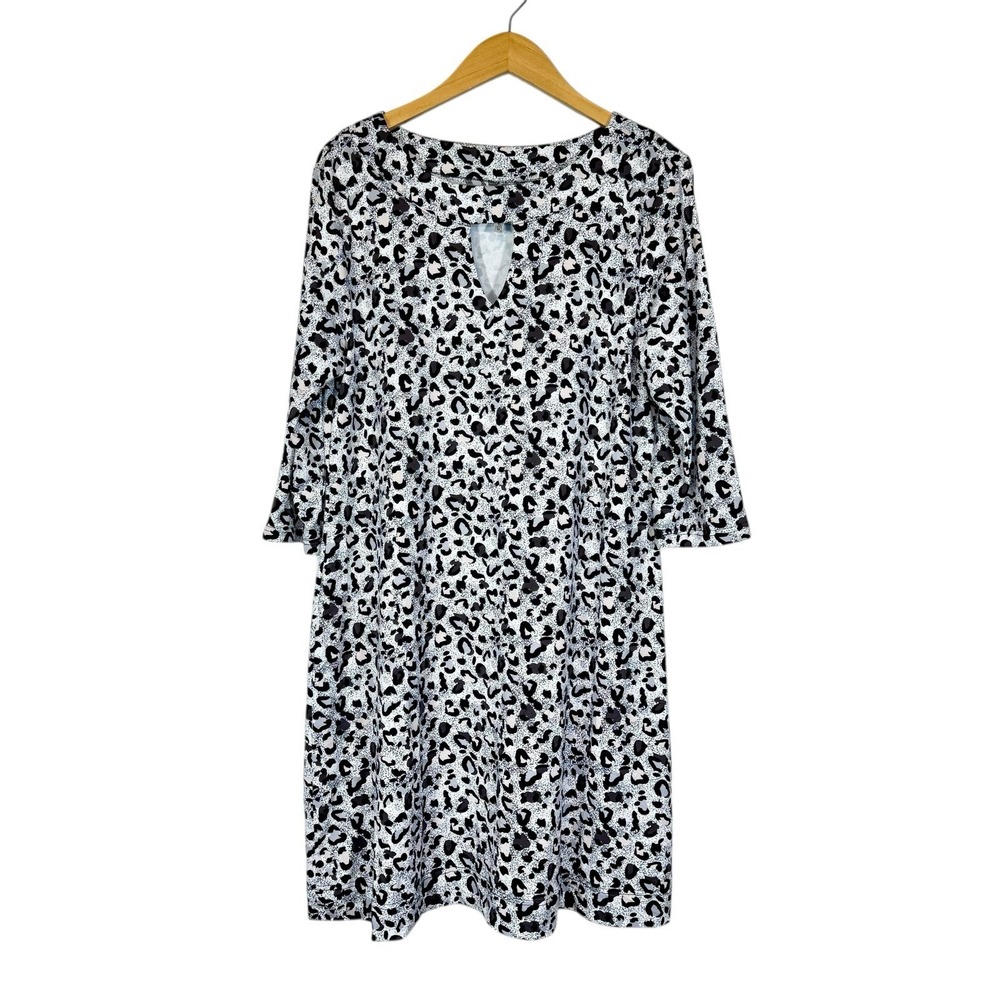 LULU B Smooth Stretch Leopard Print Keyhole Coverup Dress LG Black White UPF‎ 50